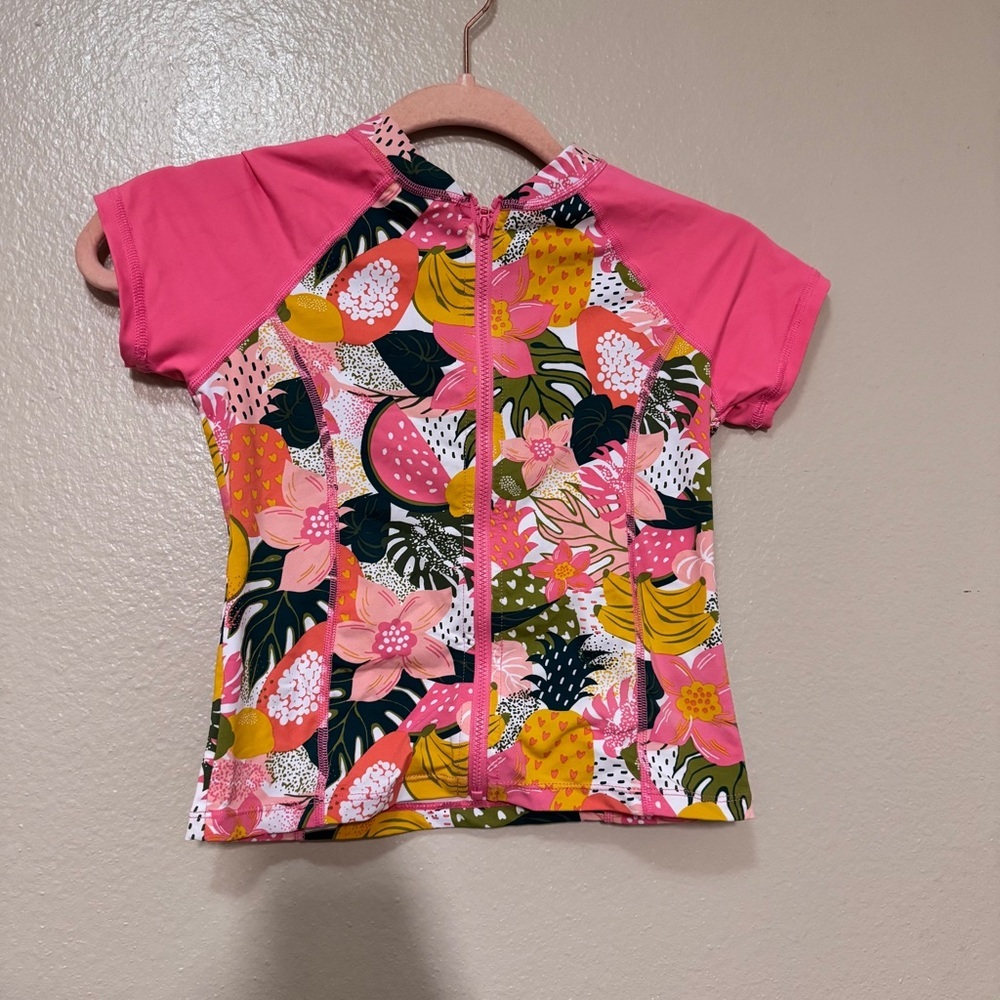 Garnet Hill Pink Tropical Zip-Front Rash Guard Tee